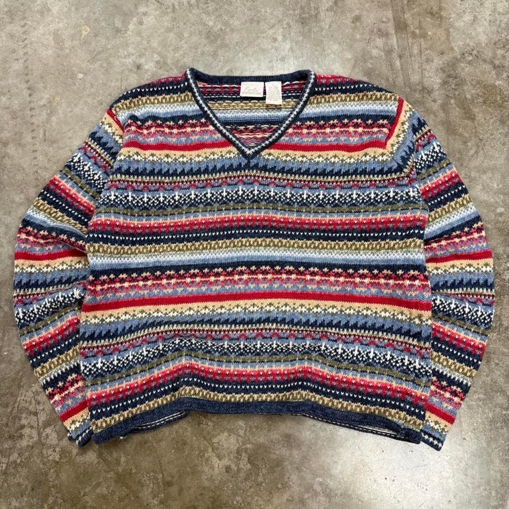 Vintage Fiorlini International Multicolor Striped Fair Isle Knit V-Neck Sweater